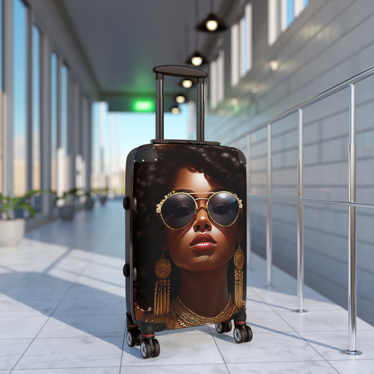 African American Black Girl Golden Sunglasses Sunburst Rolling Hard Shell Suitcase with Wheels