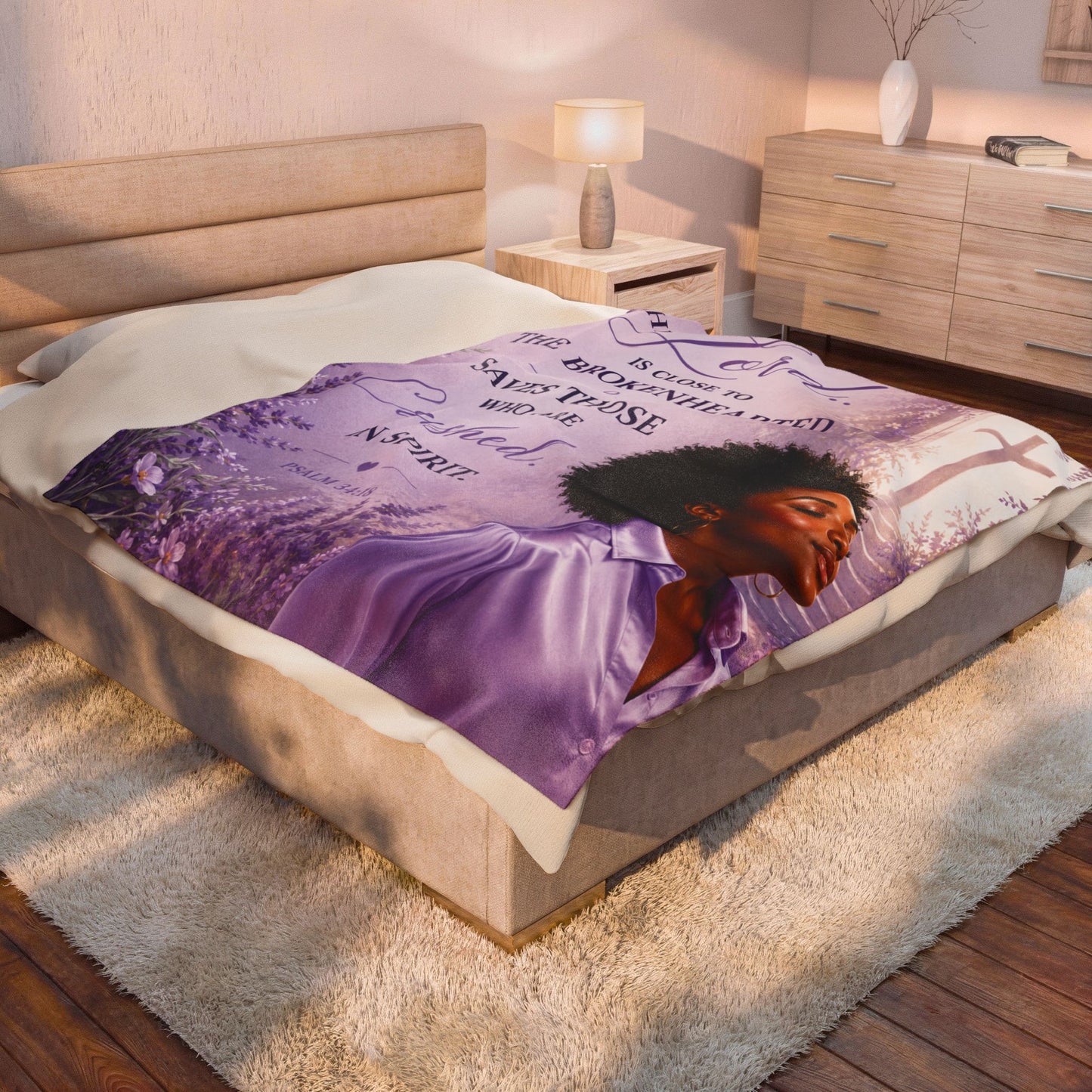 Afro American Woman Lord Is Clost To The Broken Hearted Plush Comfort Velveteen Blanket Lavender