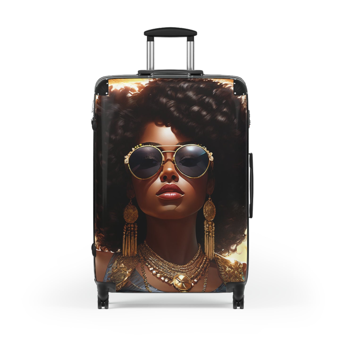 African American Black Girl Golden Sunglasses Sunburst Rolling Hard Shell Suitcase with Wheels