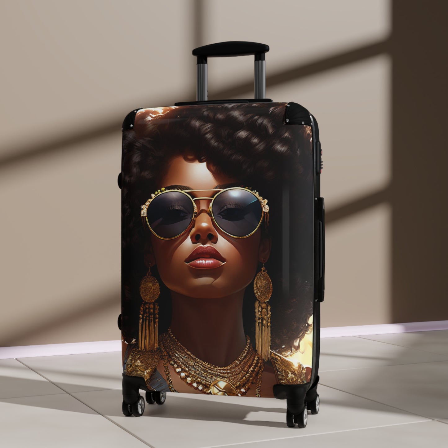 African American Black Girl Golden Sunglasses Sunburst Rolling Hard Shell Suitcase with Wheels