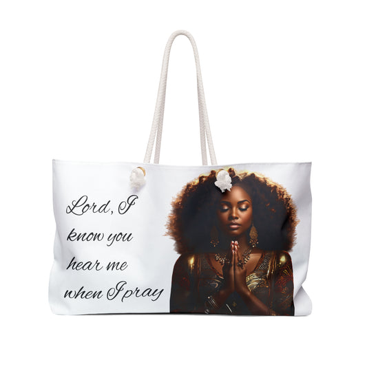 African American Woman Praying Jeremiah 33:3 Weekender Bag