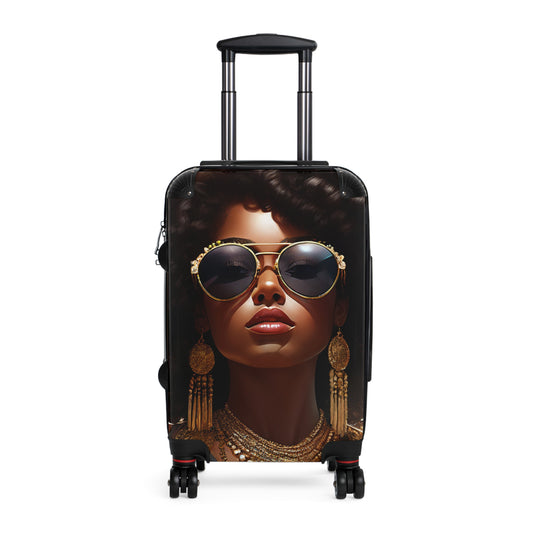 African American Black Girl Golden Sunglasses Sunburst Rolling Hard Shell Suitcase with Wheels