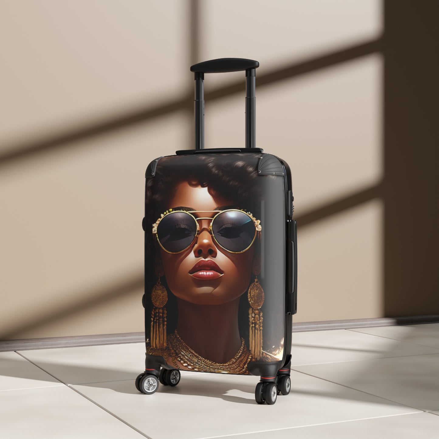 African American Black Girl Golden Sunglasses Sunburst Rolling Hard Shell Suitcase with Wheels