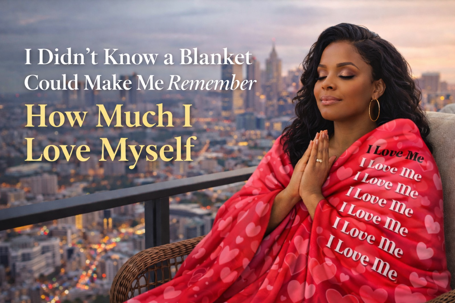 Load video: a woman wearing the I Love me blanket